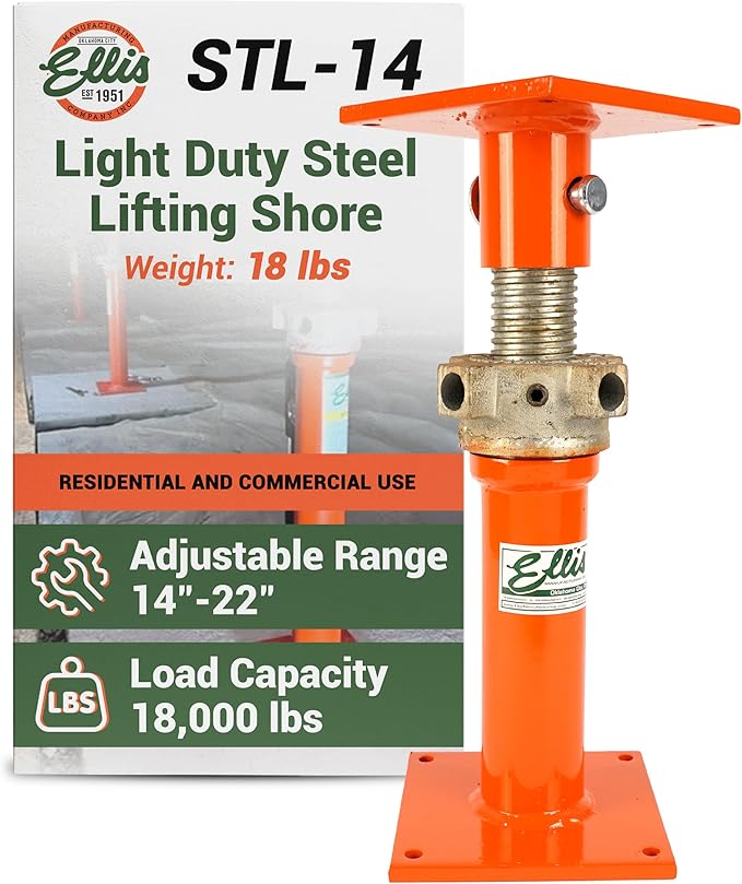 Ellis Manufacturing Light-Duty Steel Lifting Shore – Adjustable Foundation Support Jack for Floor Leveling, Beams, Concrete, and Basement – 18,000 lb Safe Load Capacity – 14"-22" Adjustment