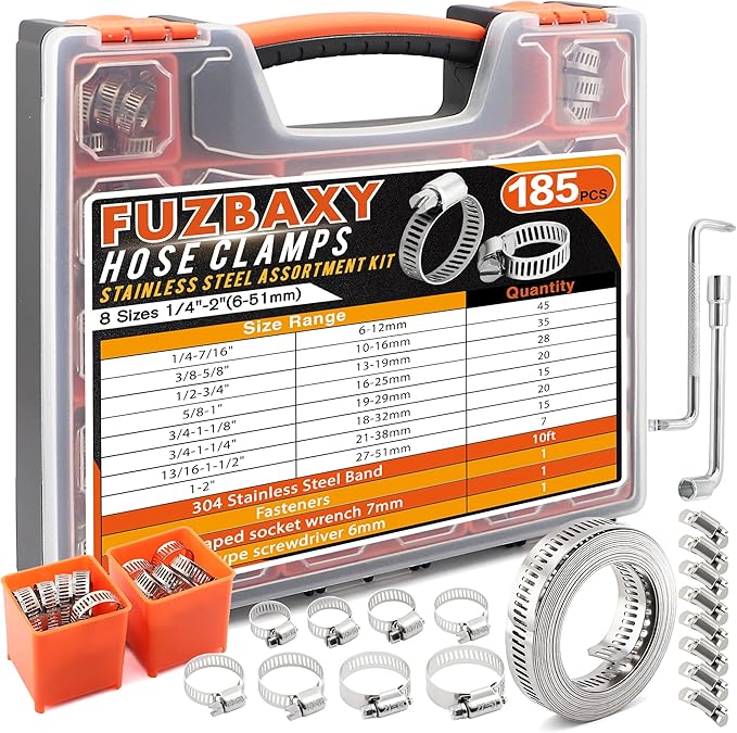 185PCS 304 Stainless Steel Worm Gear Hose Clamps,1/4"-2"(6-51mm) Hose Clamp Assortment with 1-Set 9.84FT Metal Strap+8 Fasteners for Secure Plumbing, Automotive, Fuel Line,Industrial Applications