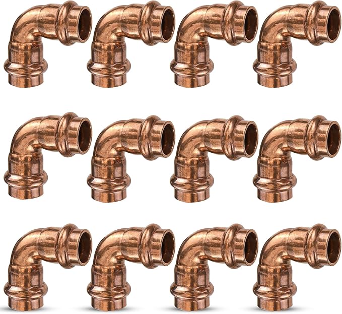 Copper Press Fittings,1/2 inch Copper Coupling 90 degree Elbow Coupling Zero Lead PxP 1/2 inch x 1/2 inch,12PK 90-Degree Elbow with 1/2-Inch for Plumbing,OD 5/8”,Use with Hydraulic Press Fitting Tool