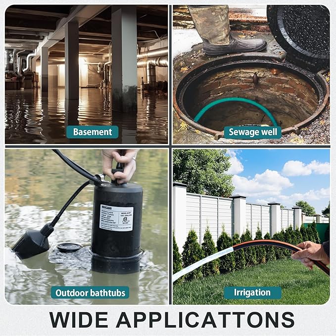WASSERMANN 1/2HP Sump Pump,3300GPH Thermoplastic Utility Pump Electric Portable Transfer Clean/Dirty Submersible Pump with Float Switch for Pool Tub Garden Pond Draining with 10 FT Cord