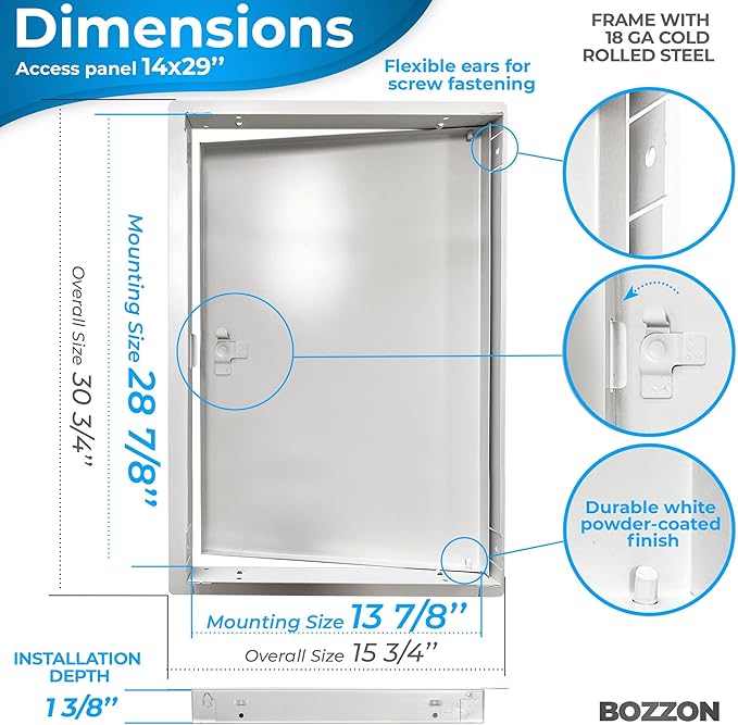 BOZZON Access Panel for Drywall 14 x 29 inch – Metal Door with Screwdriver Latch, 18 GA Steel Frame, Wall Hole Cover, Plumbing Access Door, White