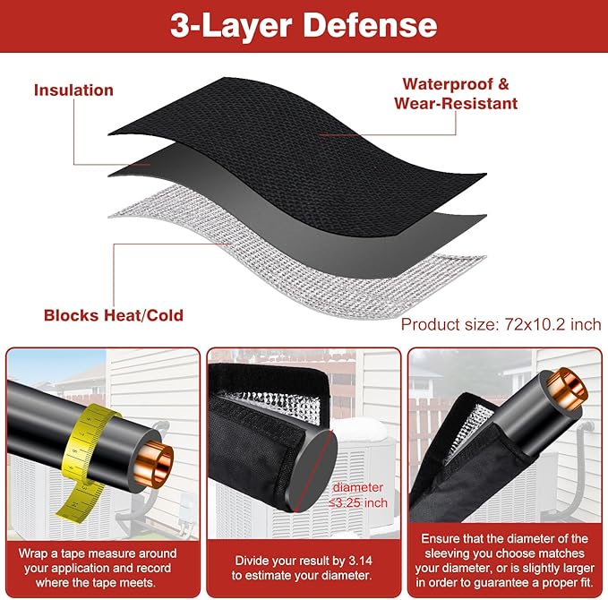 3 Layer Hvac Copper Pipe Insulation Cover Ac Line Insulation Wrap Outdoor Central Ac Line Covers For Outside 72 in x 10.2 in Oxford Protective Sleeves For Air Conditioner Condenser Mini Split