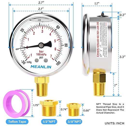 MEANLIN MEASURE -30inHG~100Psi Stainless Steel 1/4" NPT 2.5" FACE DIAL Vacuum Pressure Gauge, Lower Mount, with 1/4" x 1/2" NPT and 1/4" x 3/8" NPT Hex Bushing