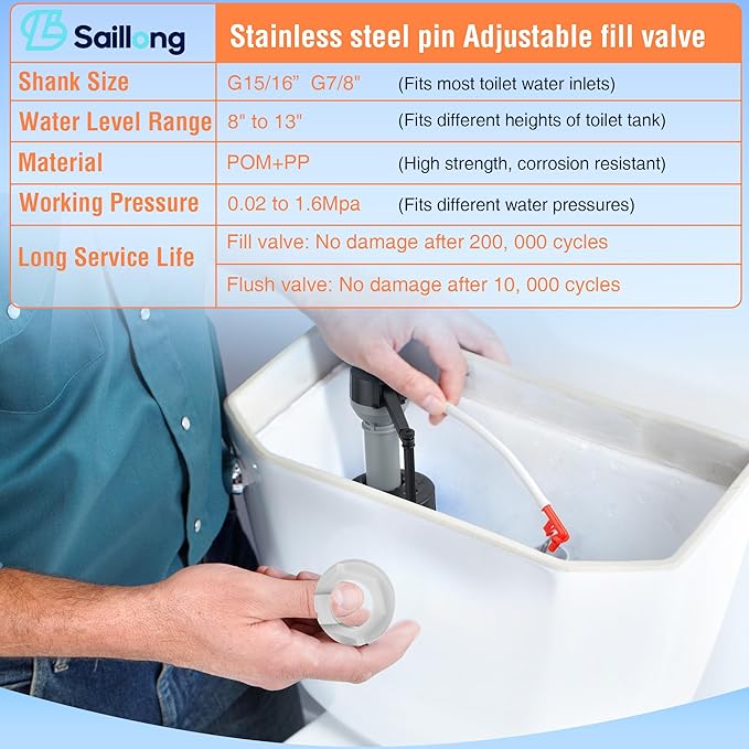 Saillong 1 Pack Toilet Fill Valve Replacement, Height Adjustable Universal Toilet Tank Flusher Replacement Kit, Leak-Proof Easy Install Fill Valve Repair Kit