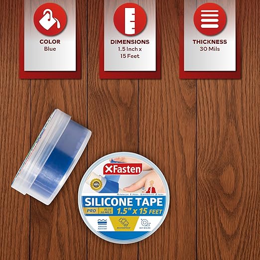 XFasten Self-fusing Silicone Tape Pro, Blue, 1.5-Inch x 15-Feet, 30 mils Extreme Silicone Pipe Fix Tape for Leak Drain Pipes, Tool Grip, Electrical Tape for High Heat Radiator Hose and Plumbing