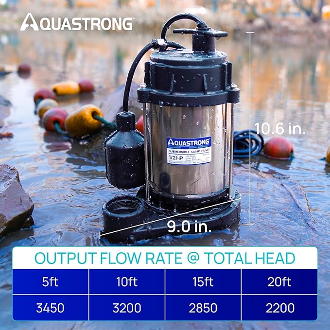 AQUASTRONG 1/2 HP Sump Pump, 3450 GPH Stainless Steel and Thermoplastic Submersible Water Pump, Automatic Float Switch with Piggy-back Plug,1-1/2" NPT Discharge Subpumps for Basement and Flooding Area