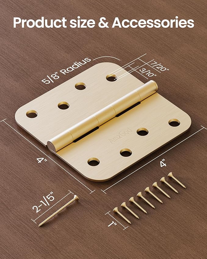 4" X 4" Satin Brass Door Hinges – 18 Pack Gold Door Hinges with 5/8" Radius, Rounded Interior Heavy Duty 4 Inch Exterior & Front Door Hinge for Residential Use