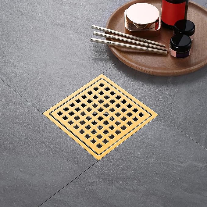 Shower Drain, Brushed Gold 6 inch Shower Floor Square Drain with Flange, Removeable Grid Panel SUS 304 Stainless Steel Square Shower Drain