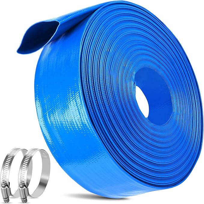 MYFAMIREA 1.5IN x 110FT Pool Backwash Hose Heavy Duty Drain Discharge Double PVC Layflat Hose with 2 Clamps, Weatherproof Burst Resistant for Water Transfer, Sump Pump, Pool Filter, Drain (33.6M,Blue)
