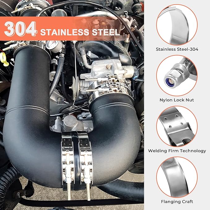 2 Pack 2.75" T-Bolt Hose Clamps, 304 Stainless Steel Turbo Intake Clamp, Working Range 3.03"-3.35"(77-85mm) for 2.75" I.D. Hose with 5mm Wall Thickness.(Measure your hose O.D. before buying)