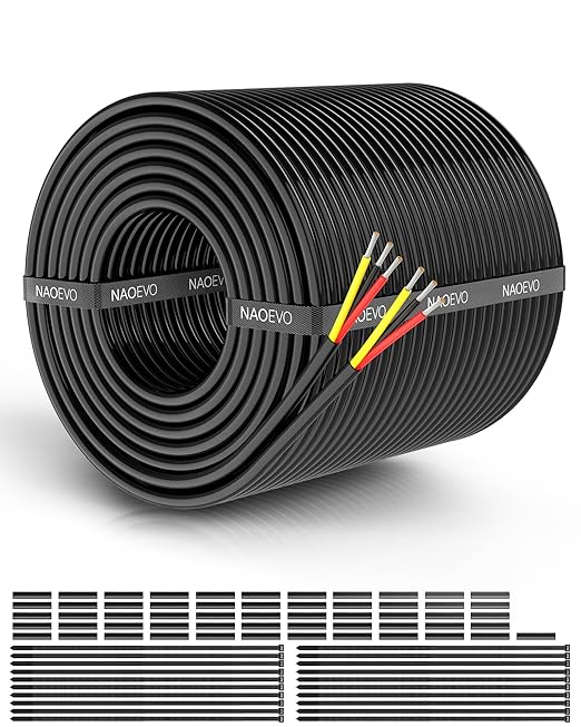 NAOEVO 18 Gauge Wire 3 Conductor Electrical Wire, 18 AWG Stranded PVC Cord, 12V Low Voltage/Tinned Copper/Flexible Cable for Automotive Wiring, Lamp Cord, Marine Cable (200FT)