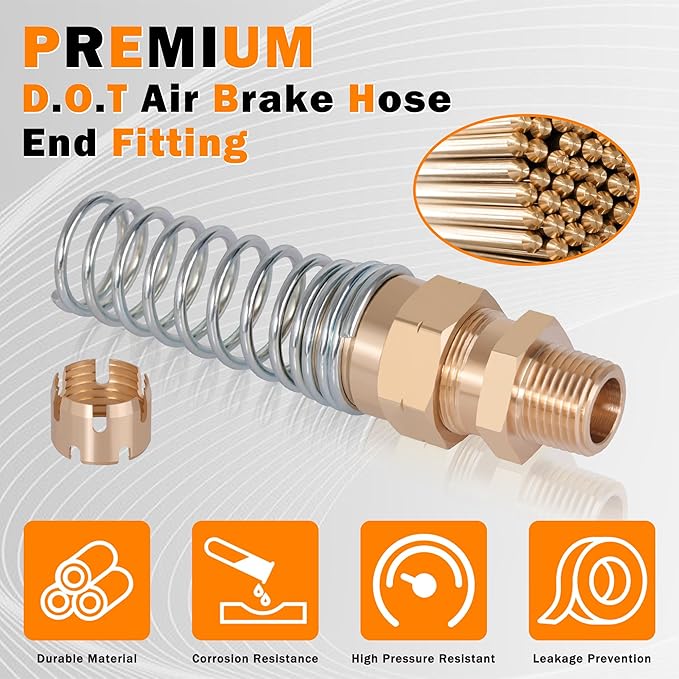 4 Pack Brass DOT 3/8 Hose x 1/4” Male Connector Fitting with 8 Pack Sleeve Tube, Air Brake Hose End Fitting for Air Brake Systems