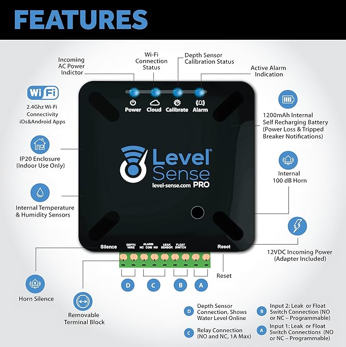 Pro Wi-Fi Enabled Sump Pump Alarm, Features Include: High Water Alarm, Water Leak Detector, Power Failure Detection, Temperature and Humidity Sensor