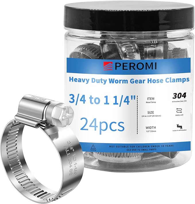 24PCS Heavy Duty Hose Clamps Stainless Steel 304,3/4" Hose Clamp to 1-1/4" Hose Clamp (20-32mm) Adjustable Worm Gear Drive Small Radiator Hose Clamps Pipe Clamp for Plumbing,Car, Garden