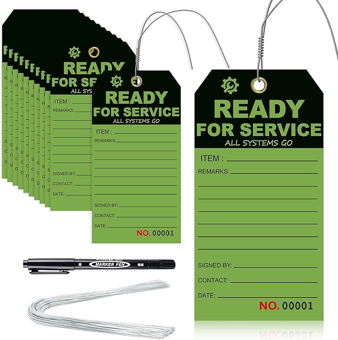 200 Pcs Ready for Service Tags 3 x 5.75 Inch with Serial Number Service Repair Green Tag with 10 Inch Wire Status Notice Tags Equipment Tag Designed for Factories (200)