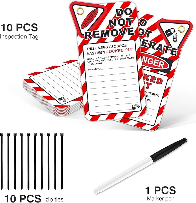 Lockout Tagout Tags, Electrical Lockout Tags with Zip Ties, OSHA Loto Tag Repair Cards, Danger Do Not Operate Labels Checklist for Equipment 10 Pack