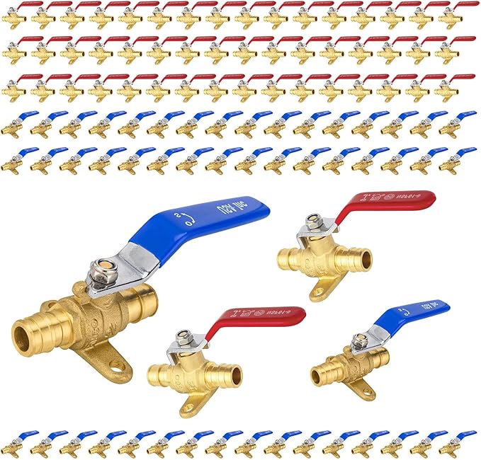 100-Pack Foskan Brass PEX-A Expansion Drop Ear Full Port Ball Valve, 1/2" Shut-off Valve for Hot and Cold Water Distribution(Blue and Red)