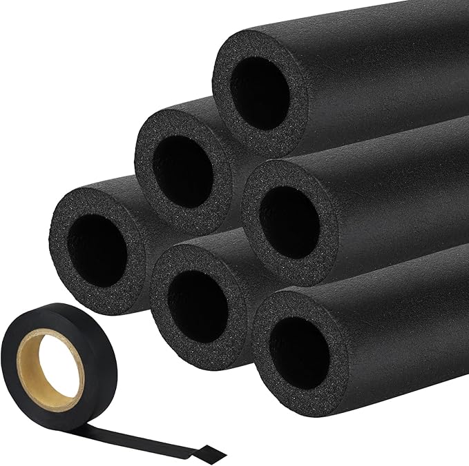 5 Pack Pipe Insulating Foam Tube 1.25 inch by 6 ft Water Pipe Covers with PVC Tape Pre Slit High Density Rubber Pipe Wrap Foam Tubing - Soft and Bendable - Prevent Outdoor Pipe from Freezing in Winter