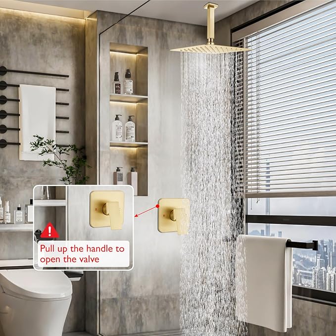Heyalan Shower Faucet Set Square Stainless Steel Bathroom Rainfall Shower System One Handle Single Function Shower Trim Kit with Rough-in Valve Male Thread,Ceiling Mount,10 Inch,Brushed Gold