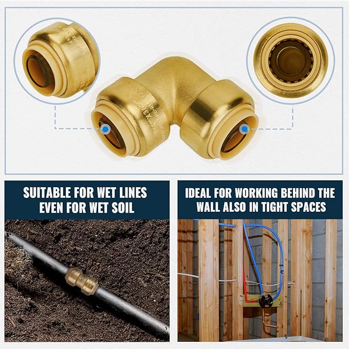 SUNGATOR Push Fitting Set, 1/2 Inch Plumbing Fitting Elbow (5 PCS), 3/4 Inch Plumbing Fitting Elbow (3 PCS), No Lead Brass Push to Connect Pex, Copper, CPVC, with 2 Disconnect Clips, Pack of 8
