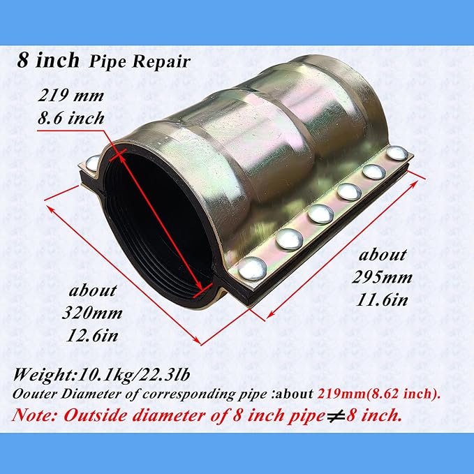 Water Pipe Repair Clamp for 8 inch Pipe(OD of The Applicable Pipe is 8.62 inch),Leak Sealer for Pipes and Plumbing,Length 11.6 inch,Suitable for PE/PPR Pipe,Steel Pipe,Iron Pipe