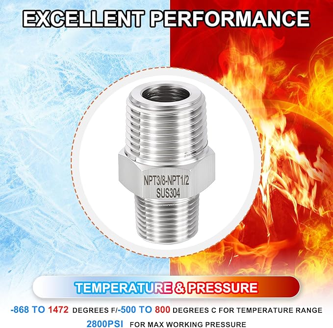 5 Pack 304 Stainless Steel Male to Male Adapter, 1/2" Male NPT x 3/8" Male NPT Hex Nipple Pipe Extension Fitting for Industrial, Automotive, Fluid Transfer, Home Gardening, Water