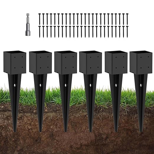 6 Pack 4x4 Fence Post Anchor Ground Spike – Heavy Duty 24" Metal Post Base (Fit 3.6"x3.6") Black Powder-Coated for Mailbox, Deck, Fence, Railing