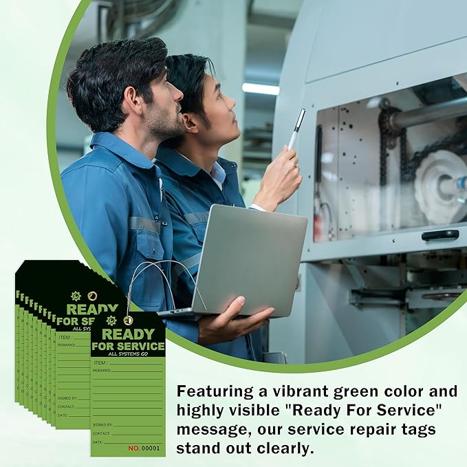 100 Pcs Ready for Service Tags 3 x 5.75 Inch with Serial Number Service Repair Green Tag with 10 Inch Wire Status Notice Tags Equipment Tag Designed for Factories (100)
