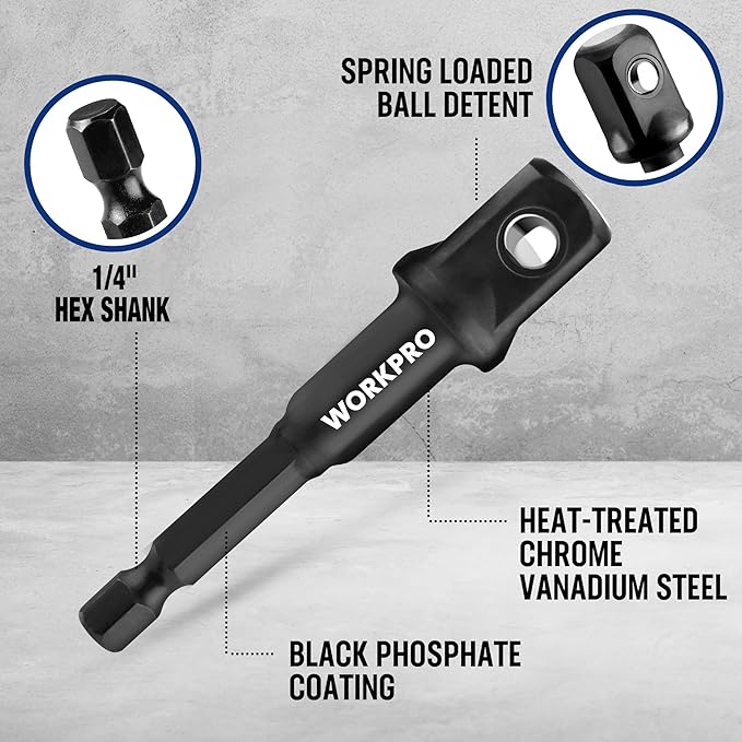 WORKPRO 7 Pieces Impact Socket Adapter Set, Includes 3 Pieces 1/4" Hex Shank Drill Extension Set (1/4", 3/8" and 1/2") and 4 Pieces Impact Socket Adapter and Reducer Set