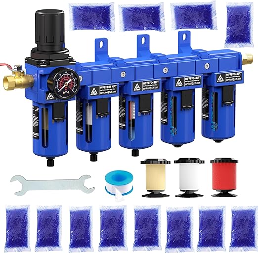 1/2'' NPT 5 Stage Air Drying System,5 &0.5 &0.01 Micron Filter Cartridge,Double Desiccant Dryers & Air Regulator,Metal Bowl, Semi-Auto Drain,Industrial Grade-Blue