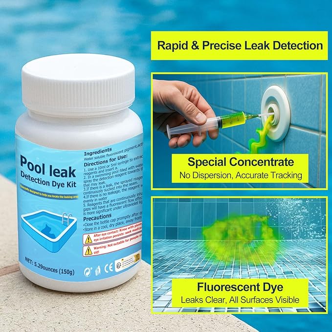 150g Fluorescent Yellow Pool Dye Leak Detection Kit, Long-Lasting That Pinpoints Leaks in All Pool,Hot Tub and Spa Types,with Reusable Syringe and 2 Precision Applicator