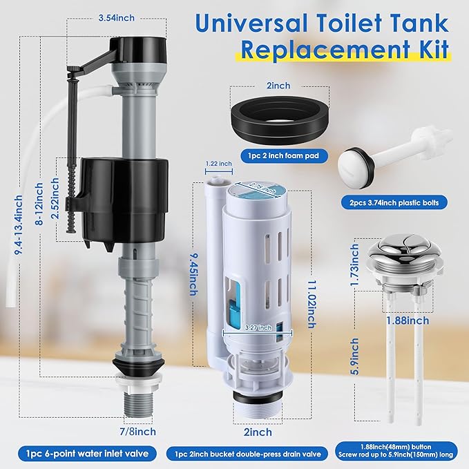 Saillong 2 Pack 2 Inch Universal Toilet Tank Replacement Kit, Include Dual Flush Valve with Push Button, Toilet Fill Valve, Bowl Gasket and Plastic Bolts, Tank Parts Replacement for 2-Piece
