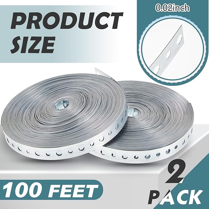 Gisafai 2 Rolls Galvanized Metal Pipe Strap 3/4 Inch x 100ft 24 Gauge Bendable Plumbers Pipe Hanger Strapping with Holes for Supports Flexible Trimming