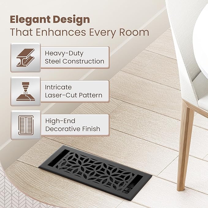 Floor Register 4x10 Vent Cover – Heavy-Duty Steel, Rustproof & Walkable Grates, Easy Drop-in Install, Adjustable Air Supply Switch - Decorative Floral Design, Textured Black