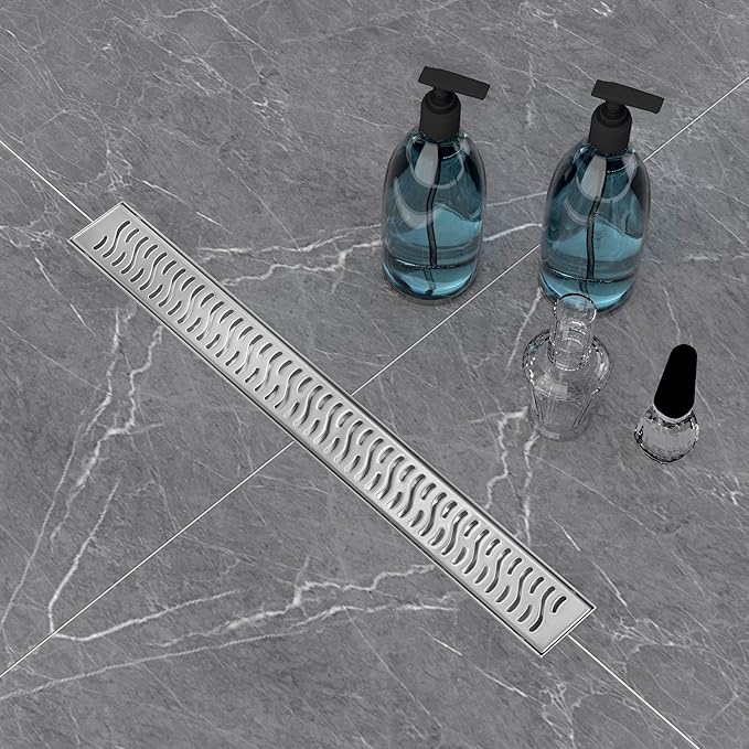 Linear Shower Drain 28 inch, Floor Drain with Removable Pattern Grate, 304 Stainless Steel Rectangular Linear Drain with Hair Strainer, CUPC Certified, Brushed Nickel, SD-103