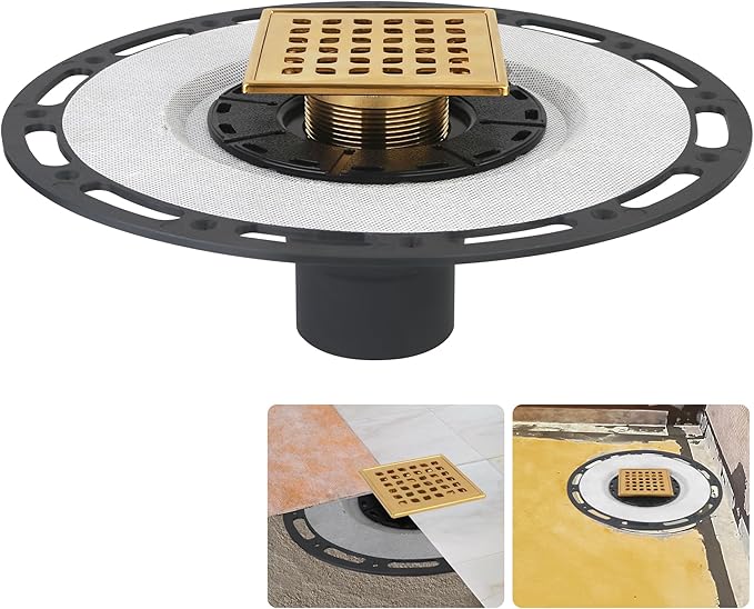 Square Shower Drain, 4-Inch Polished Gold Kit with Bonding Flange, Removable Stainless Steel Grate, Drain Key & Hair Strainer, Fits 2" & 3" Pipes for Tiled Floors