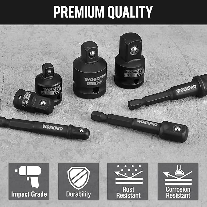WORKPRO 7 Pieces Impact Socket Adapter Set, Includes 3 Pieces 1/4" Hex Shank Drill Extension Set (1/4", 3/8" and 1/2") and 4 Pieces Impact Socket Adapter and Reducer Set