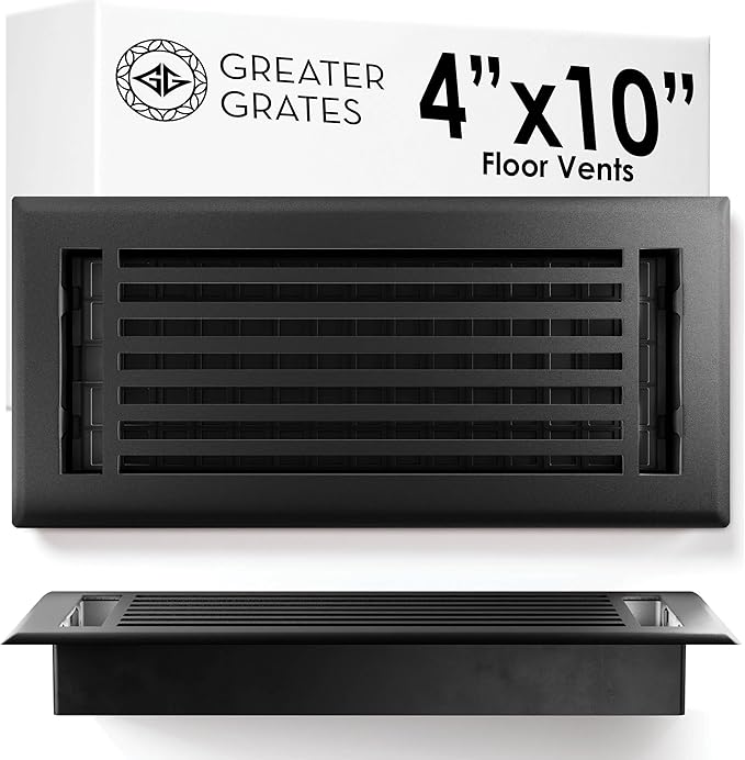 Floor Register 4x10 Vent Cover – Heavy-Duty Steel, Rustproof & Walkable Grates, Easy Drop-in Install, Adjustable Air Supply Switch - Decorative Straight Line Design, Textured Black