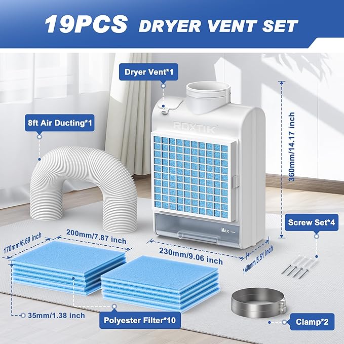 3-in-1 Indoor Dryer Vent Kit, 10 Pcs Polyester Filters for 4 Layer Purification System, Stainless Steel Screen Filter and Water Drawer For Electric Dryer