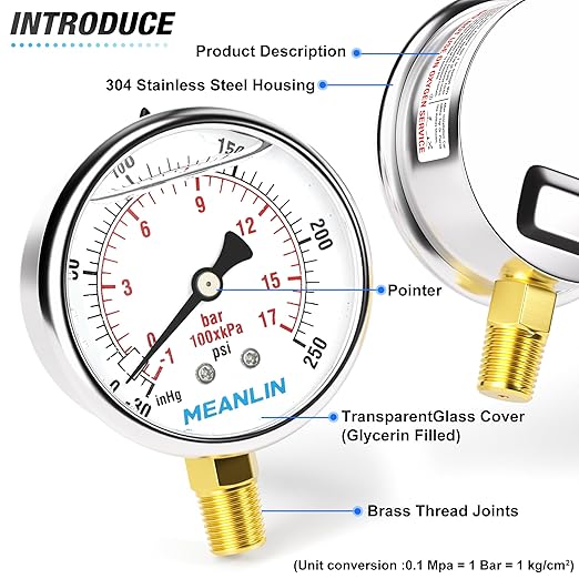 MEANLIN MEASURE -30inHG~250Psi Stainless Steel 1/4" NPT 2.5" FACE DIAL Vacuum Pressure Gauge, Lower Mount, with 1/4" x 1/2" NPT and 1/4" x 3/8" NPT Hex Bushing