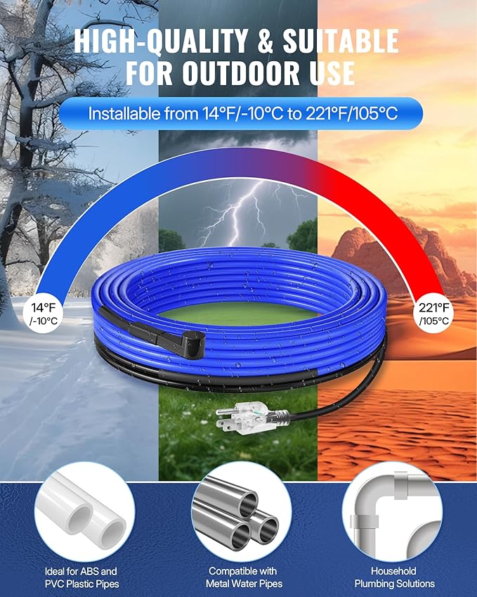 18Ft Water Pipe Heating Cable, 5W Constant Power Self-Regulating Heating Cable, 5W/FT, IPX7 Waterproof, Auto-On/Off, for Metal and Plastic Water Pipes, Freeze Protection, 120V U18HC06