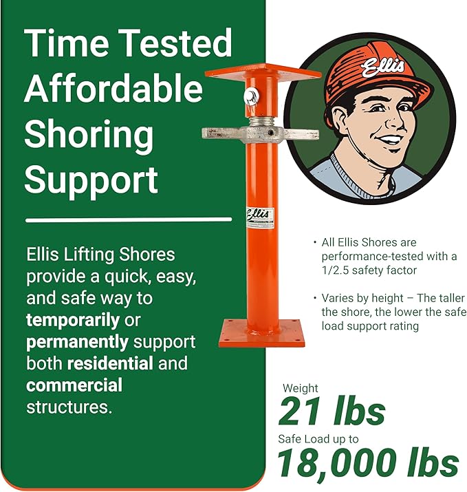 Ellis Manufacturing Light-Duty Steel Lifting Shore and Jack Post – House Jack for Foundation, Floor Leveling, and Concrete Bracing – 18,000 lb Safe Load Capacity – 19"-27" Adjustment