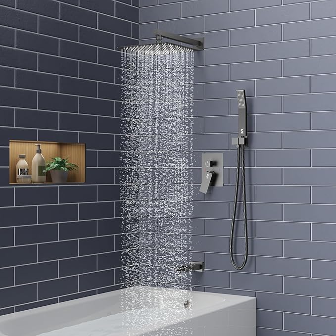 SR SUN RISE 12 Inches Bathtub Shower Faucet Set All Metal Shower System with Tub Spout 1.8GPM Square Shower Head and Handheld Sprayer Shower Fixtures, Modern Valve and Trim Kit, Matte Black