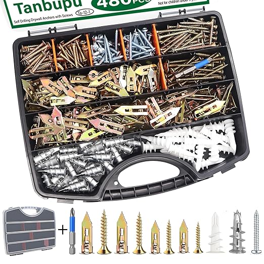 480Pcs Self Drilling Drywall Anchors 4 Sizes Zinc Plated Steel Sheetrock Anchors and 5 Sizes Screws (2025 Upgraded) no Drilling Required Easy Application