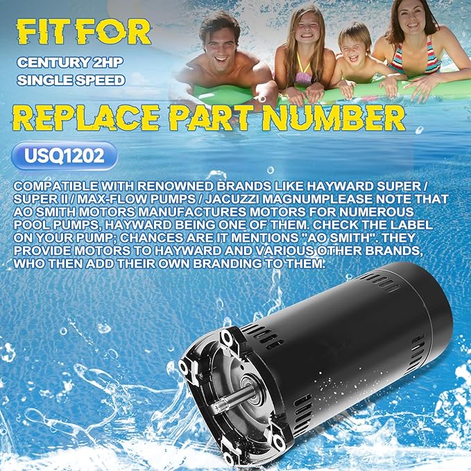 USQ1202 Pool Pump Motor 2HP, Fit for A.O. Smith/Century Pool and Spa Pump Motor, 3450 RPM, 48Y Frame, 230V, 10.4 Amps, Swimming Pool Motor