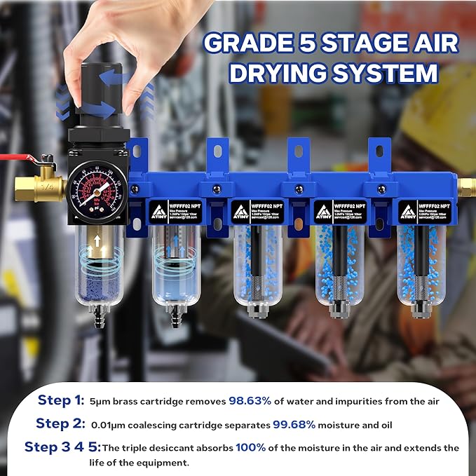 1/4'' NPT 5 Stage Air Drying System,Air Dryer for Compressor,5 &0.01 Micron Filter Cartridge,Triple Desiccant Dryers & Air Regulator,Metal Bowl, Semi-Auto Drain,Industrial Grade-Blue