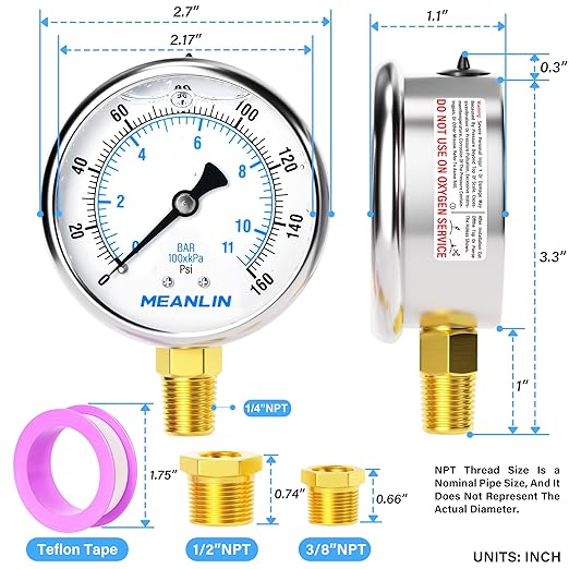 MEANLIN MEASURE 0~160Psi Stainless Steel 1/4" NPT 2.5" FACE DIAL Liquid Filled Pressure Gauge WOG Water Oil Air Lower Mount, with 1/2" NPT and 3/8" NPT Hex Bushing