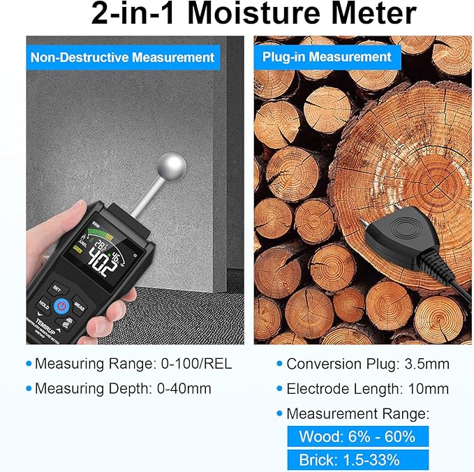 Moisture Meter - TEMIRUP Pin & Pinless Wood Moisture Tester with Color LCD and Acoustic Alarm, Digital Moisture Reader Detects 20-40 mm for Walls, Wood, Masonry, Concrete and Other Building Materials