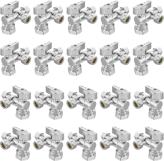 20-PCs HeSun Quarter-Turn Angle Stop Valve, 1/2" FIP x 3/8" OD Comp x 3/8" OD Comp, Dual Compression Outlet Shut Off Valve, PEX Chrome Plated Brass(VALVE209-20)