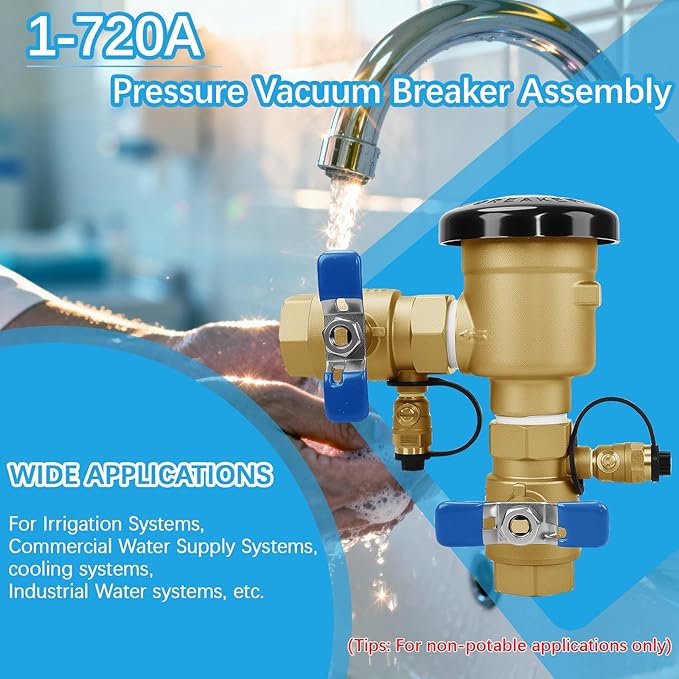 1" 720A Pressure Vacuum Breaker Assembly 1-720A Thickened Brass Backflow Preventer Valve for Irrigation Systems and Commercial Water Supply Systems, Back Siphon Protection, MAX 400PSI